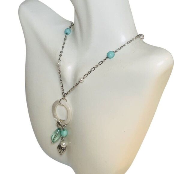 Lia Sophia Mother Of Pearl Mint Green Beaded Minimalist Silver Tone Necklace 30” - Picture 5 of 14